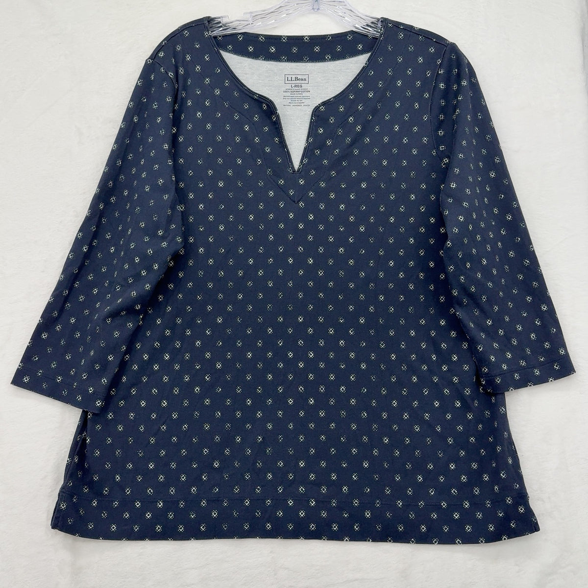 L.L.Bean Split Neck Tunic Top Large Womens Navy Supima Cotton 3/4 Sleeve Knit