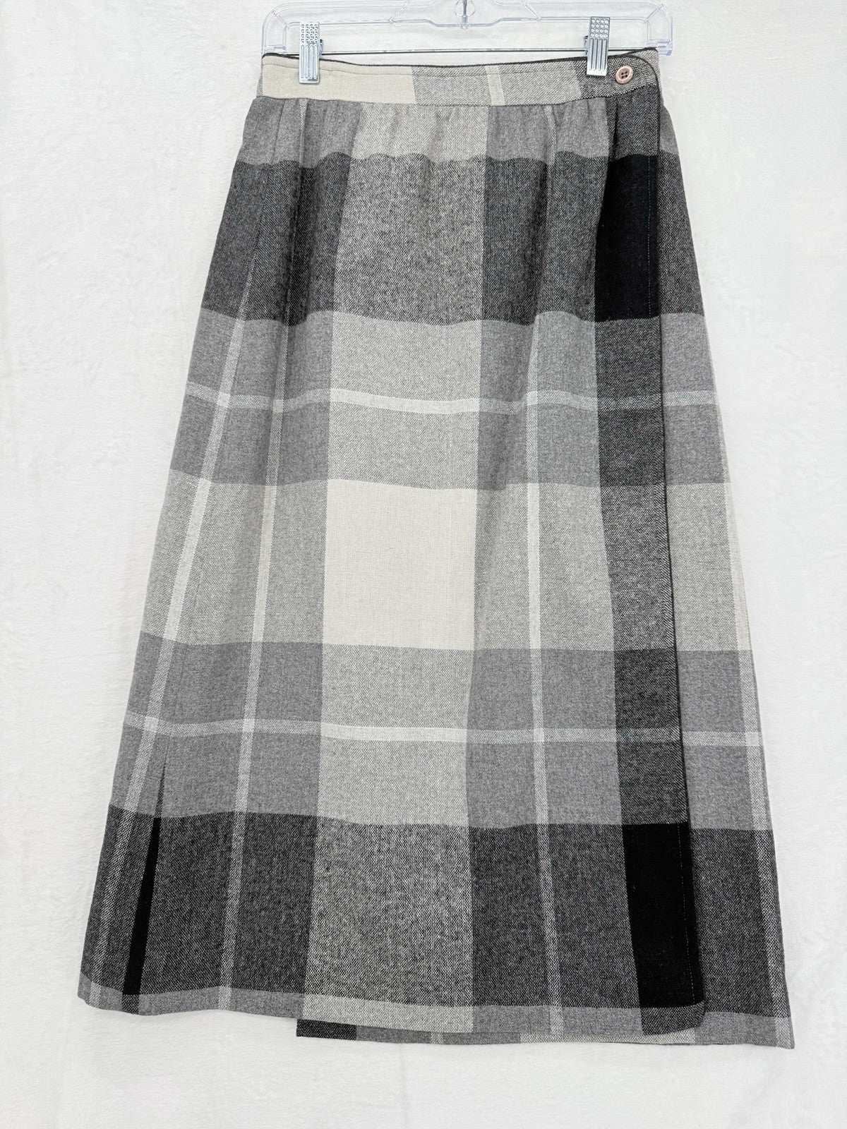 Vintage Wool Wrap Skirt Small Midi Gray Plaid Check Made In USA Dark Academia