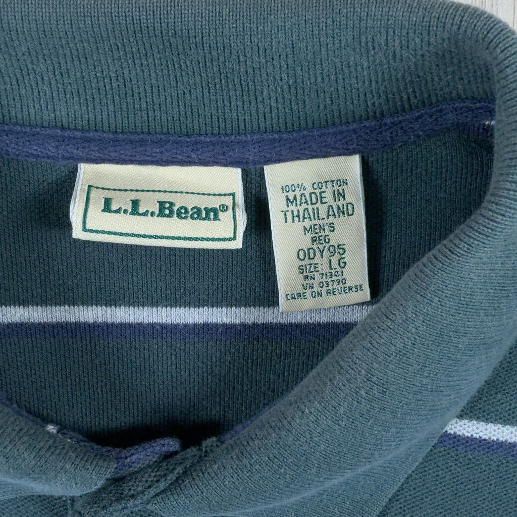L.L.Bean VINTAGE Long Sleeve Polo Shirt L Mens green Striped Knit 3 Button