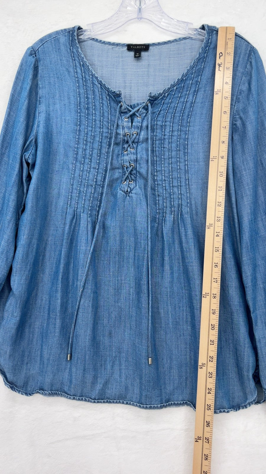 Talbots Top Medium Chambray Blue Blouse Womens Long Sleeve Lace Up