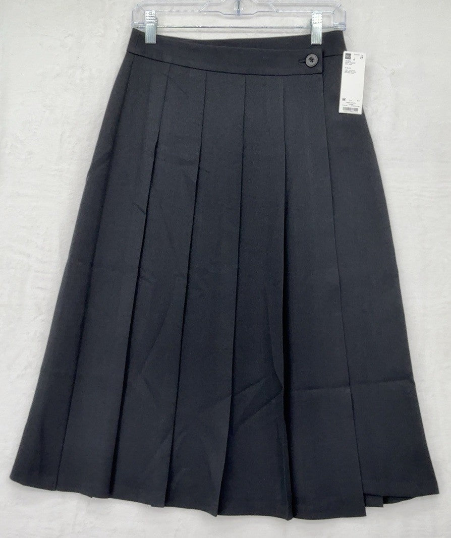 GU Wrap Pleated Midi Skirt Medium Women Black Uniqlo Dark Academia Hipster New