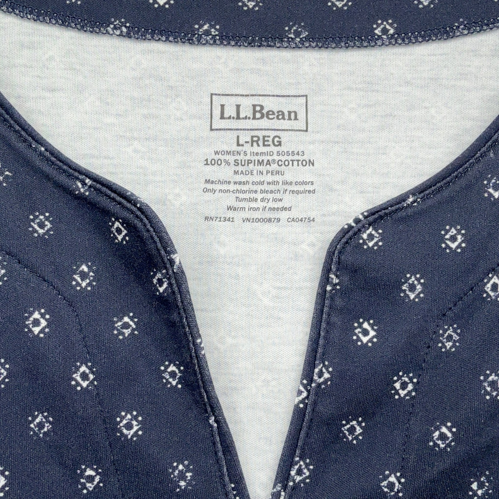 L.L.Bean Split Neck Tunic Top Large Womens Navy Supima Cotton 3/4 Sleeve Knit