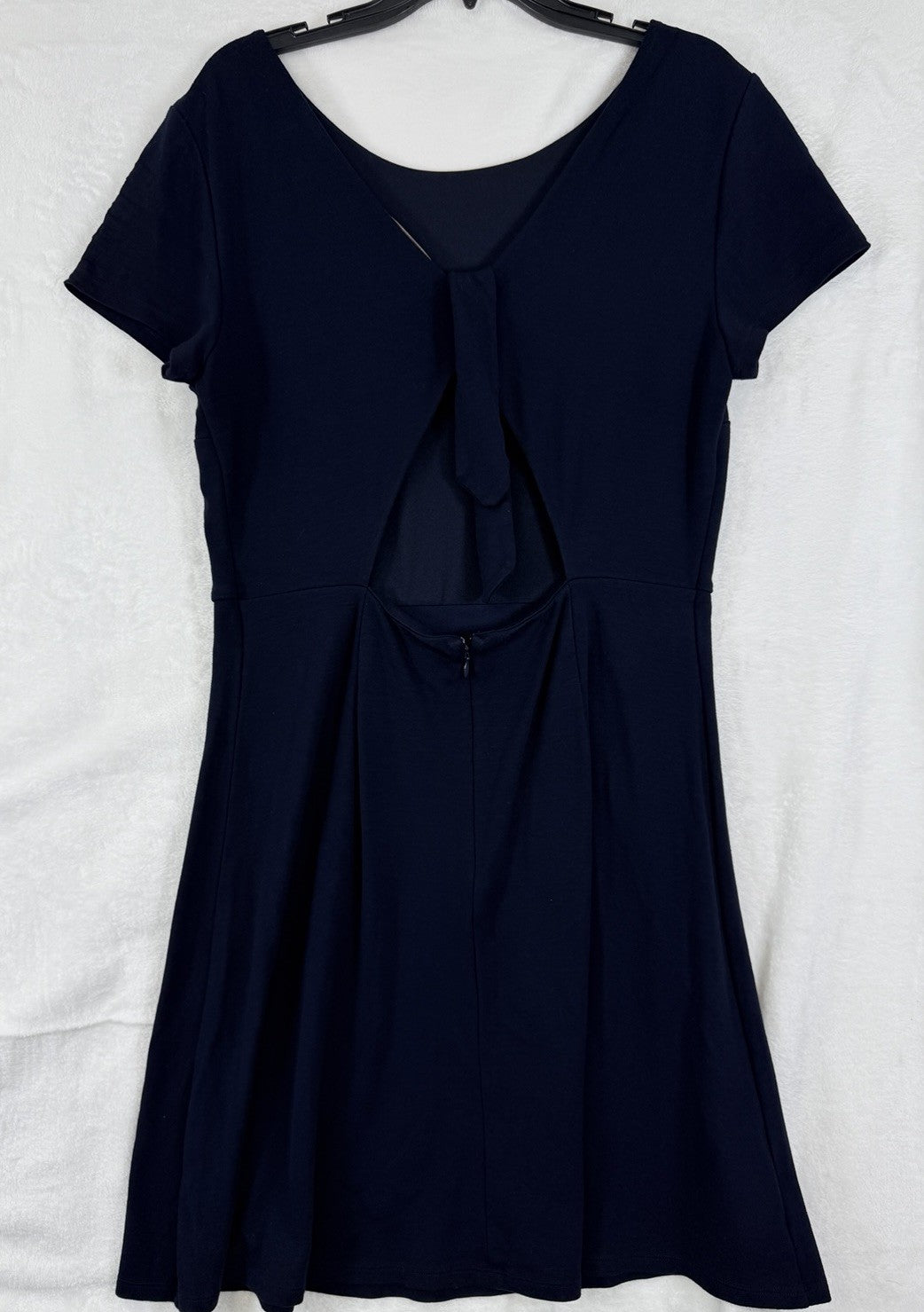 Ann Taylor Loft Dress 14 Navy Blue Ponte Knit Short Sleeve Bow Back Fit Flare