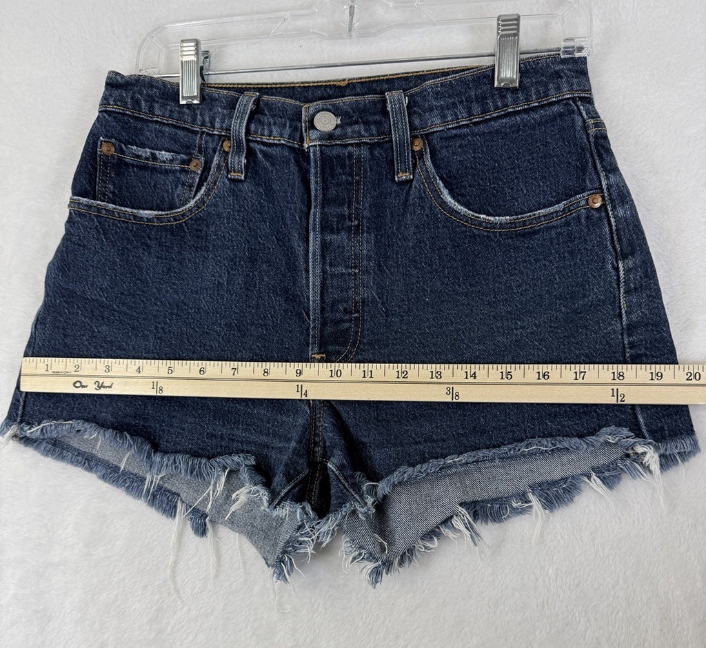 Levis 501 Jean Shorts Women 27 Button Fly Fringe 3” Blue Denim Premium Jeans