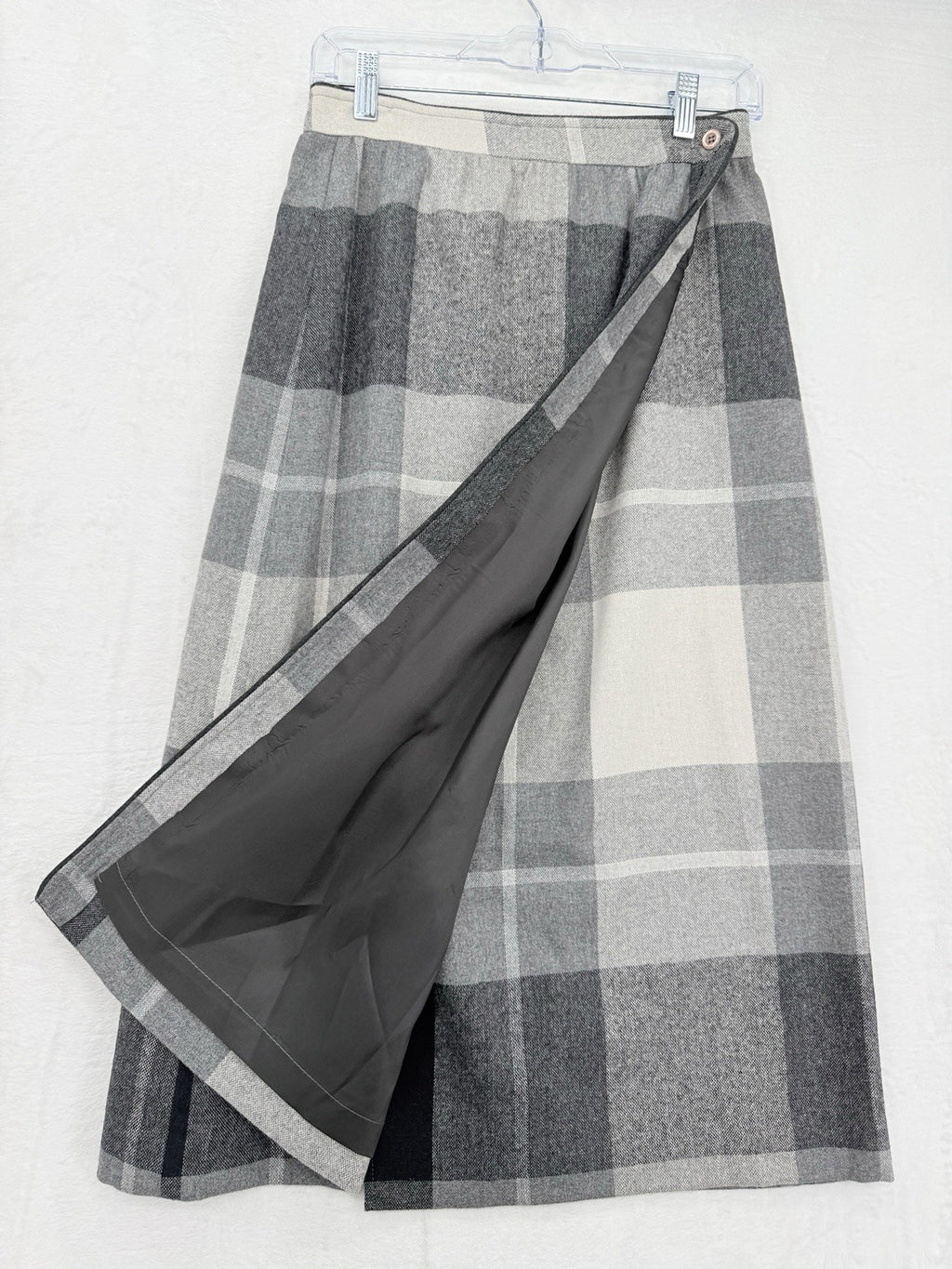 Vintage Wool Wrap Skirt Small Midi Gray Plaid Check Made In USA Dark Academia