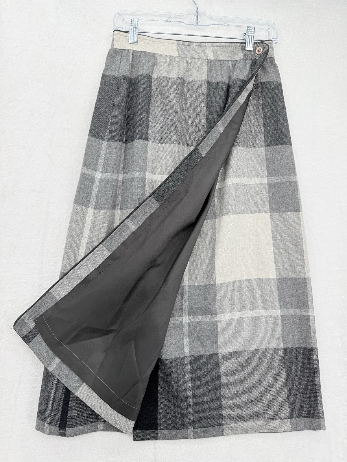 Vintage Wool Wrap Skirt Small Midi Gray Plaid Check Made In USA Dark Academia