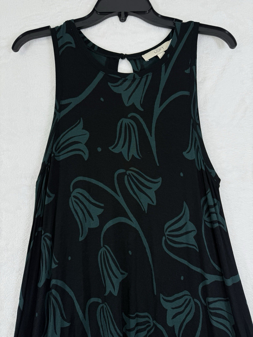 Ann Taylor Loft Dress Medium Jersey Knit Sleeveless Swing Black Floral Womens