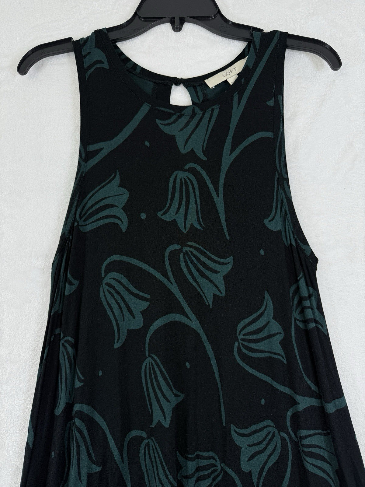 Ann Taylor Loft Dress Medium Jersey Knit Sleeveless Swing Black Floral Womens