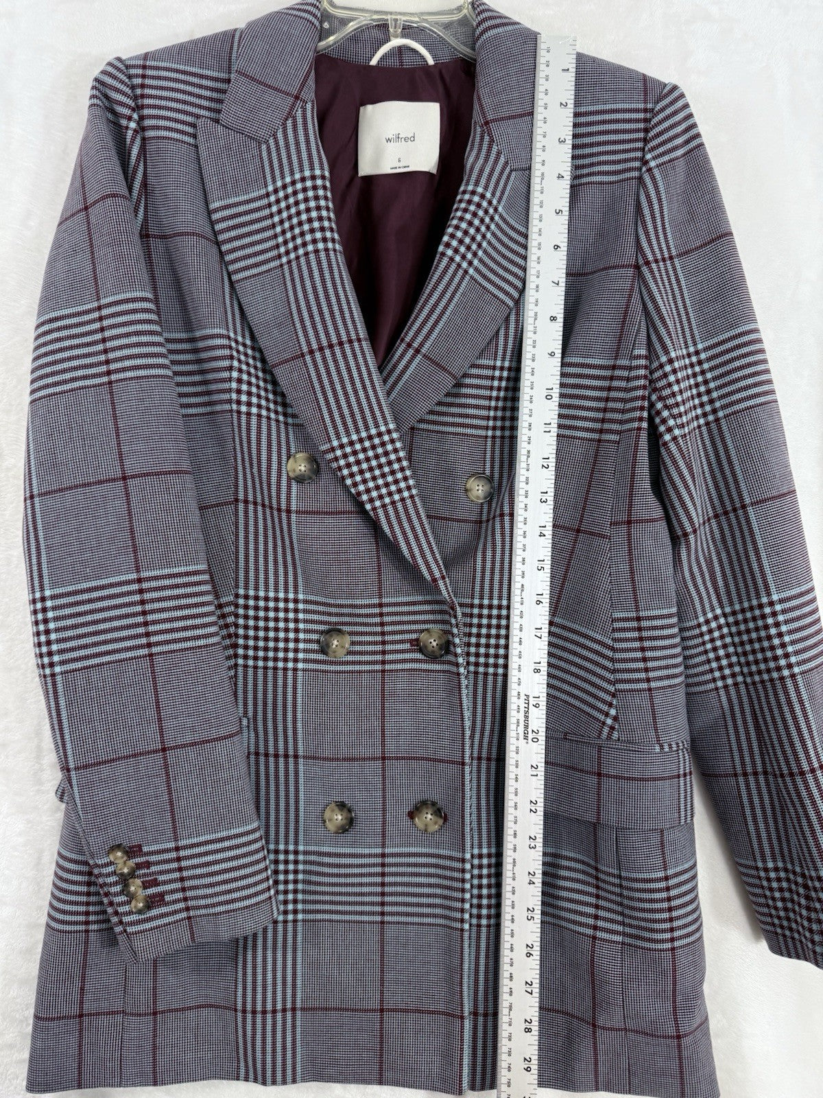 Aritzia Wilfred Blazer 6 Margaux Glen Plaid Jacket Gray Burgundy Double Breasted