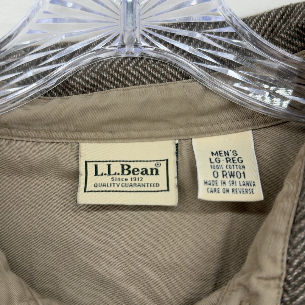 LL Bean Long Sleeve Polo Shirt Large Mens Brown Pullover Herringbone
