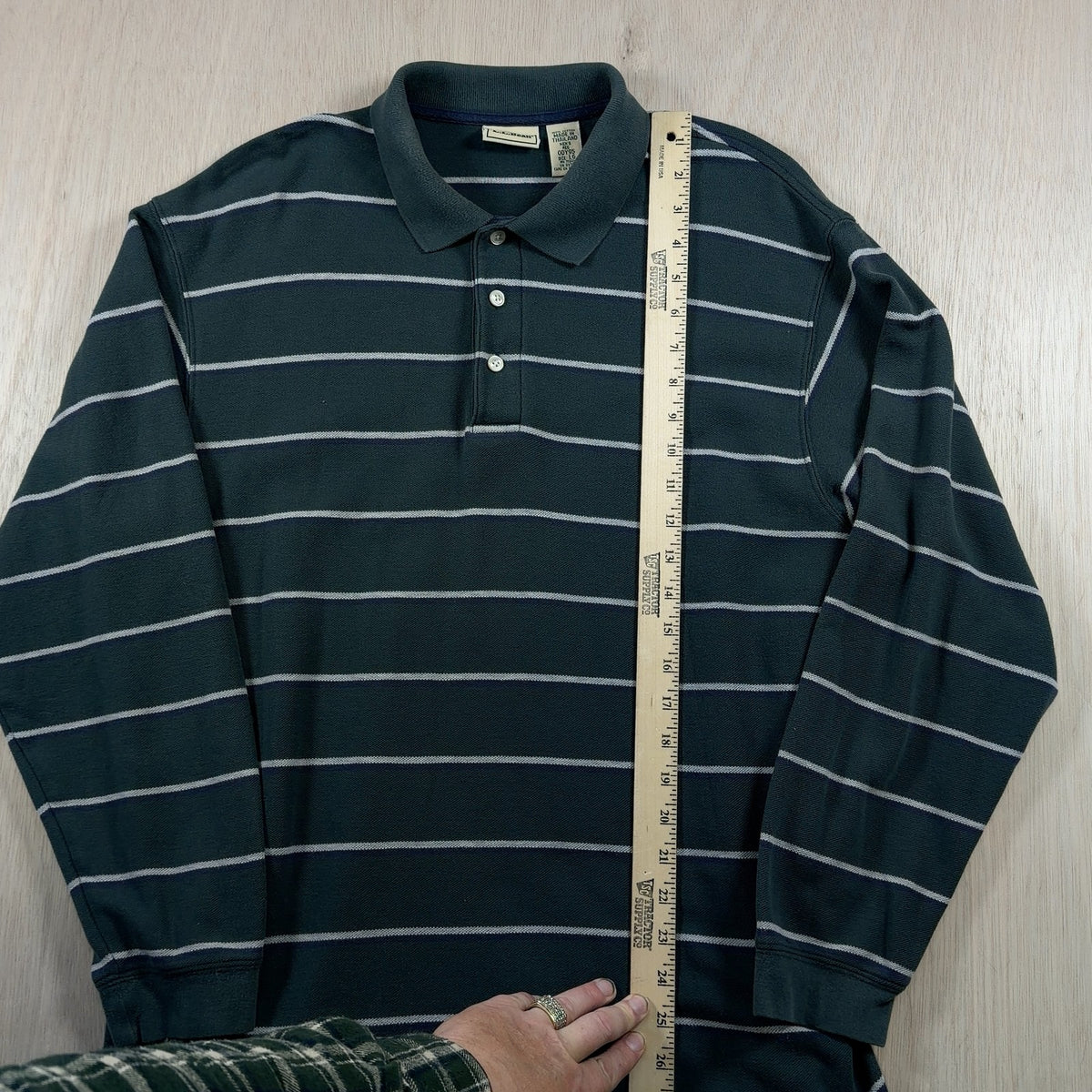 L.L.Bean VINTAGE Long Sleeve Polo Shirt L Mens green Striped Knit 3 Button