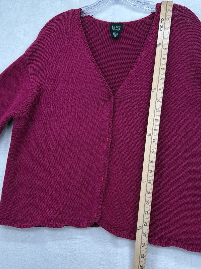 Eileen Fisher Medium Sweater Cotton V Neck Cardigan Raspberry Pink