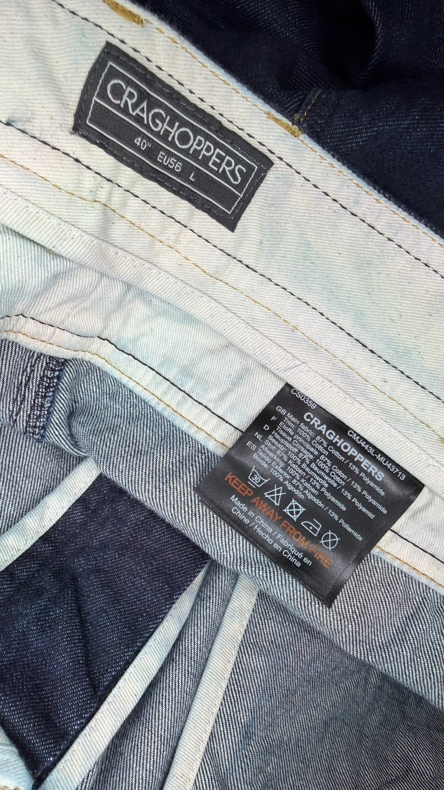 Craghoppers Jeans Mens 40x34 Nosidefence Insect Protect Blue Straight Leg New