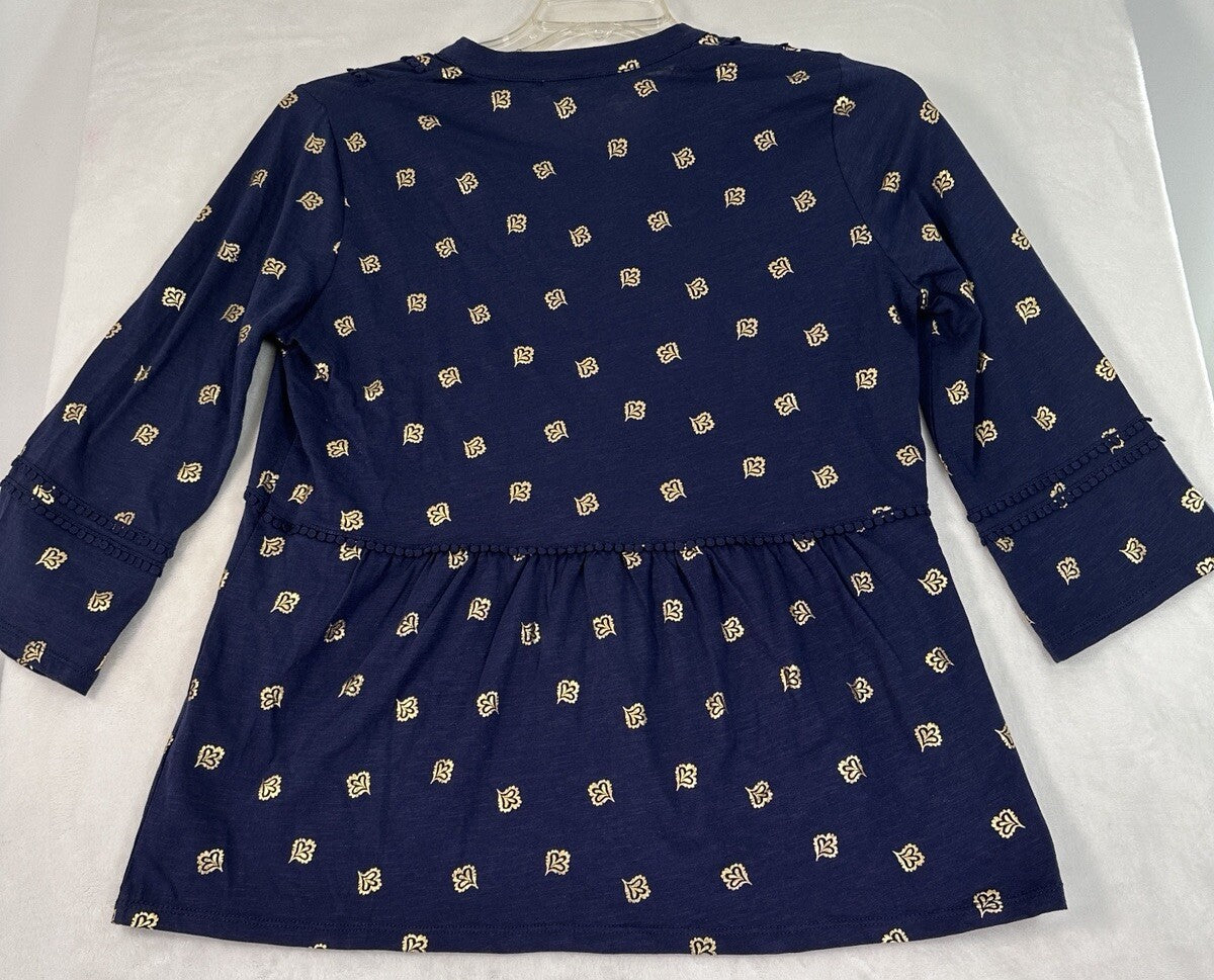 Boden Gemma Top US 8 UK 12 Navy Blue Gold Print  Jersey Knit Blouse Womens NWT