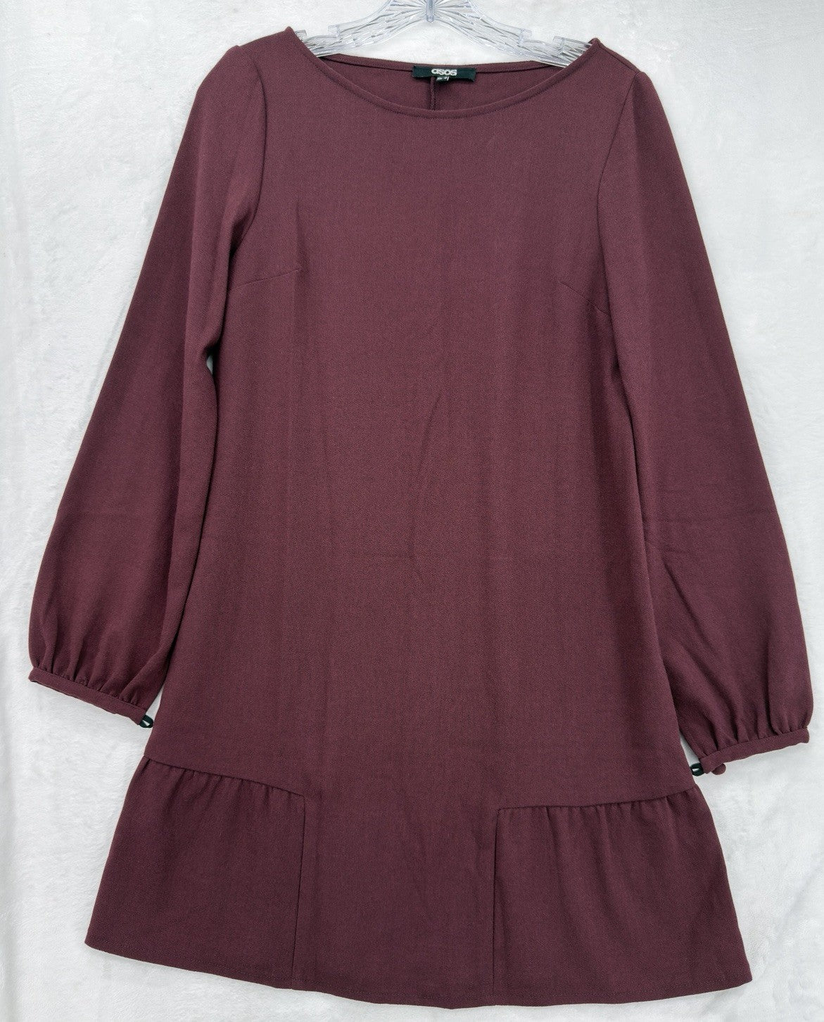 ASOS Mini Dress 4 Burgundy Long Sleeve Shift Drop Waist Womens