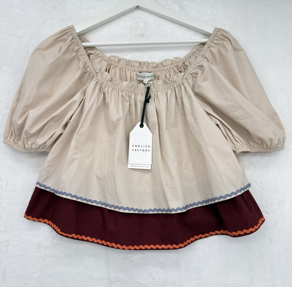 English Factory Crop Top XS Lynn Puff Sleeve Colorblock Ric Rac Cotton New NWT