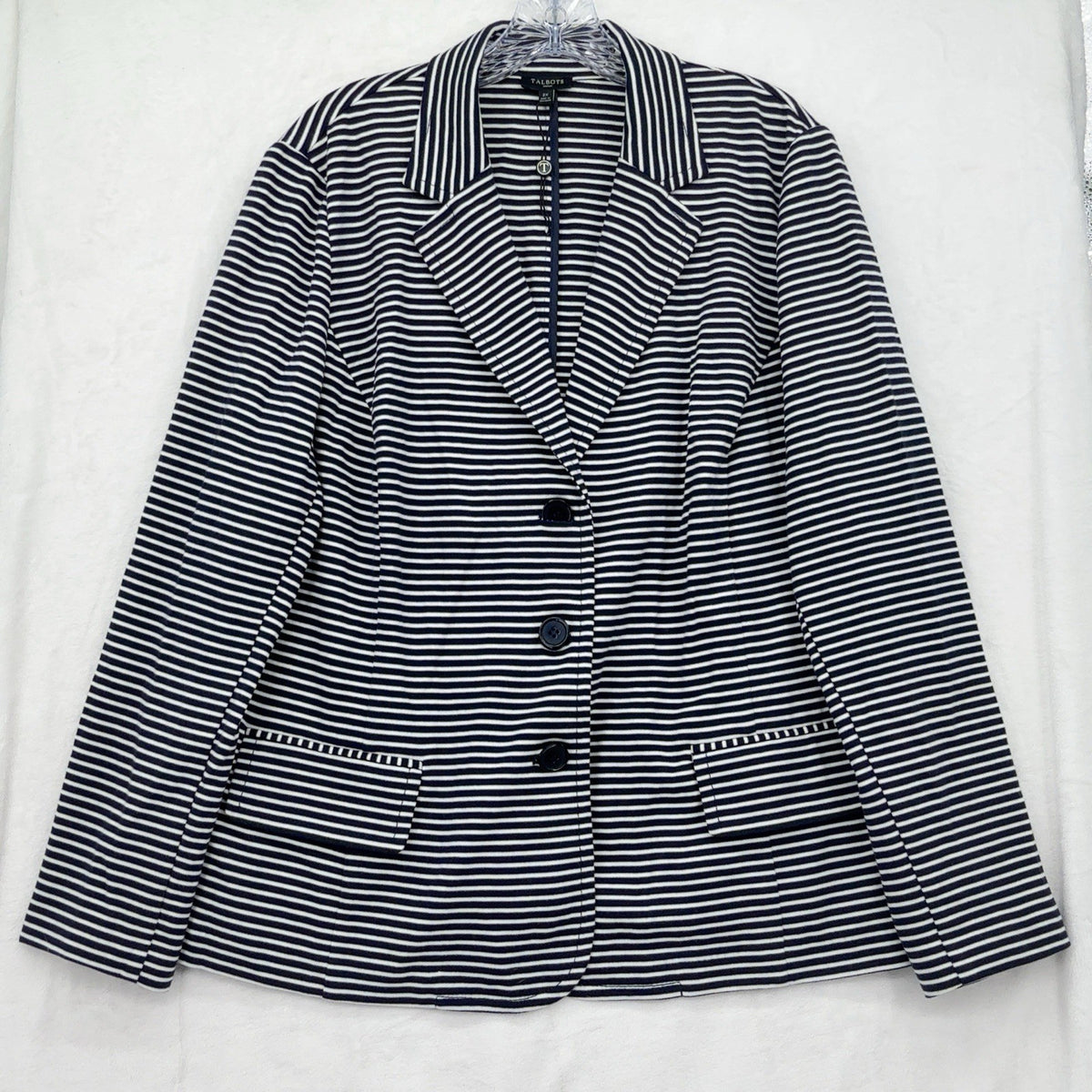 Talbots 3X Blazer Jacket Knit Navy Blue White Striped Plus Size Womens