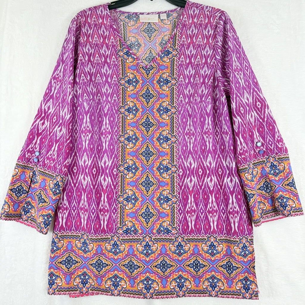 Belle Kim Gravel Top Small Tunic Pink 3:4 Sleeve Womens Blouse Tops V Neck