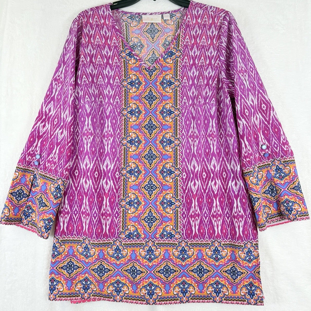 Belle Kim Gravel Top Small Tunic Pink 3:4 Sleeve Womens Blouse Tops V Neck