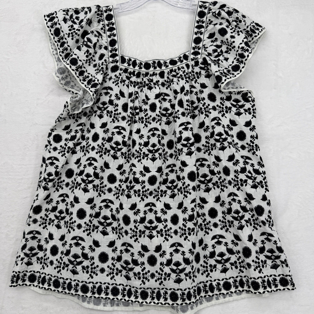 Max Studio London Top Large Square Neck Flutter Sleeve Black White Embroidered