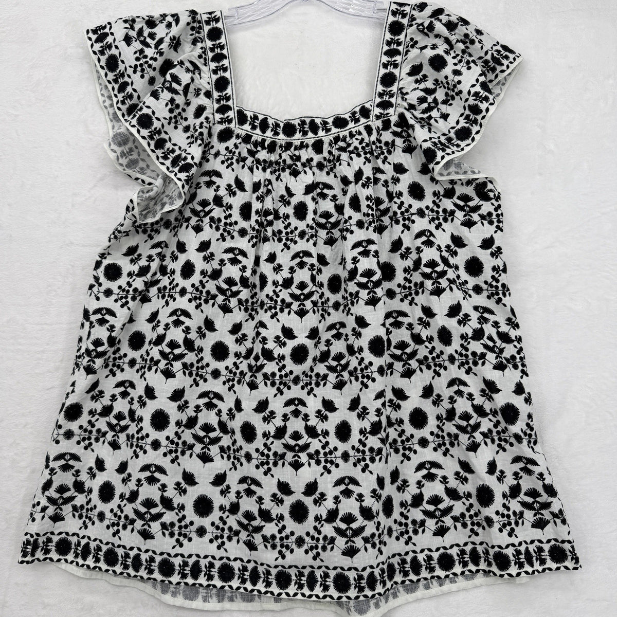 Max Studio London Top Large Square Neck Flutter Sleeve Black White Embroidered
