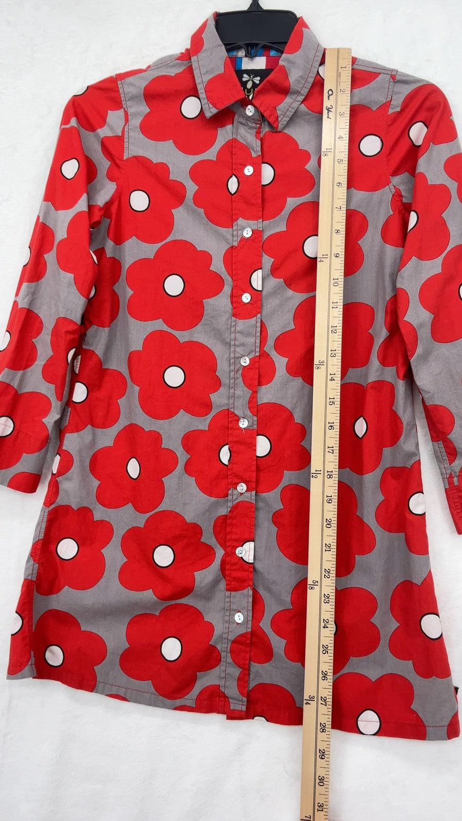 Llum Tunic Top 10 Womens Button Down Shirt Red Floral Poppy Print 100% Cotton