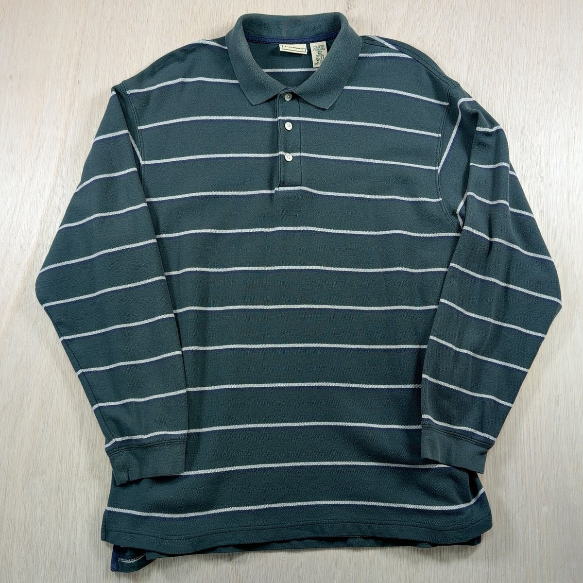 L.L.Bean VINTAGE Long Sleeve Polo Shirt L Mens green Striped Knit 3 Button