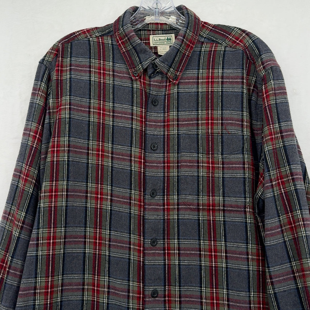 LL Bean Scotch Plaid Flannel Shirt Large Mens Gray Traditional Fit Button Down