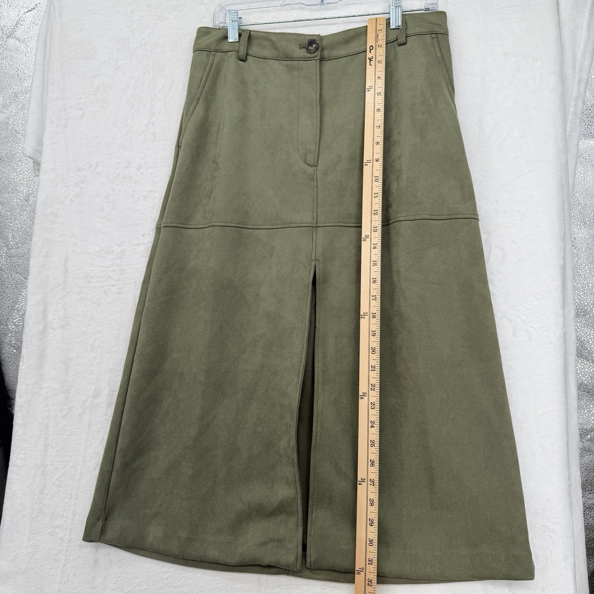 Loft Faux Suede Midi Skirt 10 Petite Olive Green Womens 10P A Line
