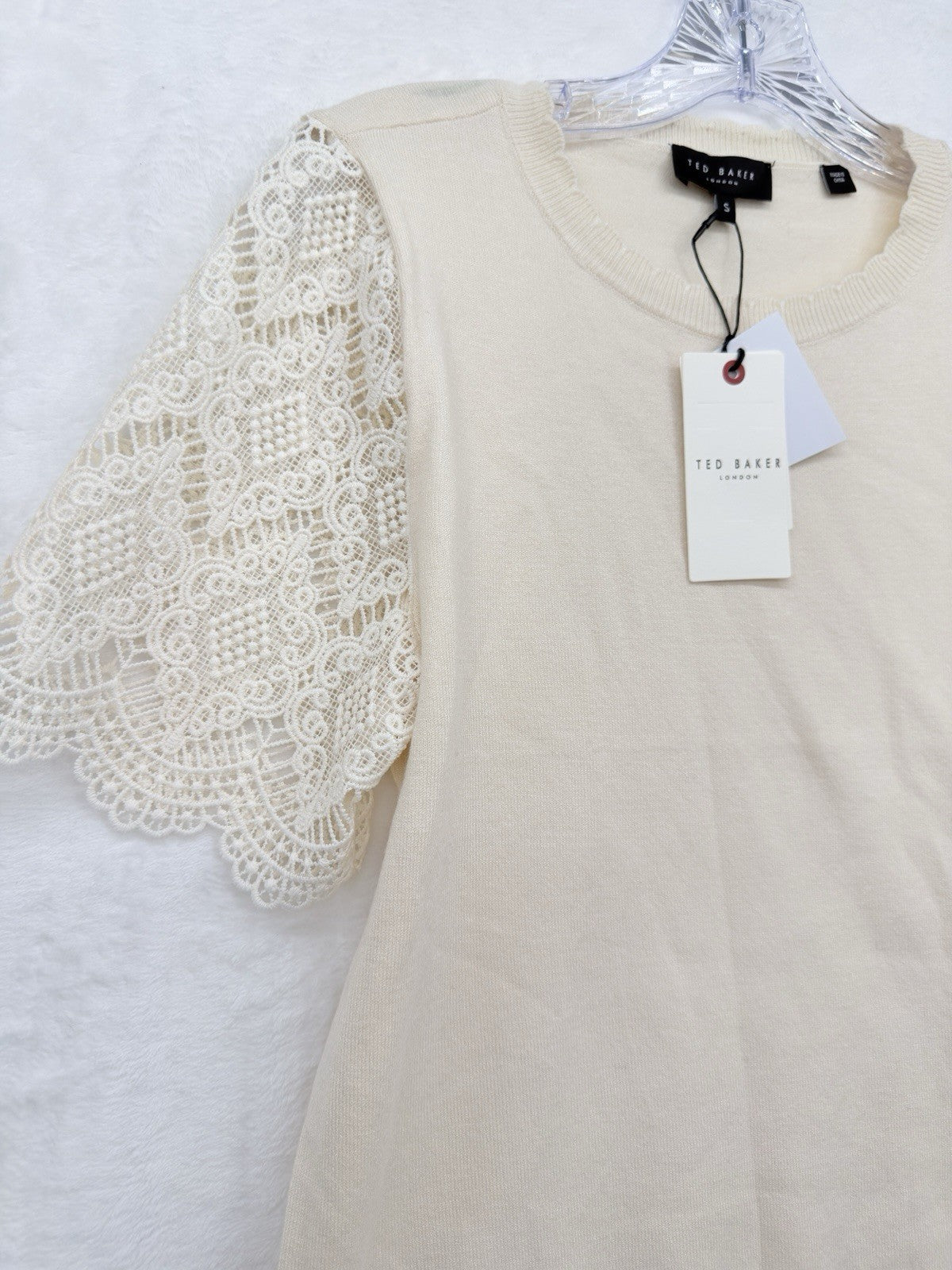 Ted Baker London Sweater Small Women Cream Lace Crochet Sleeve Knit Top $135 New