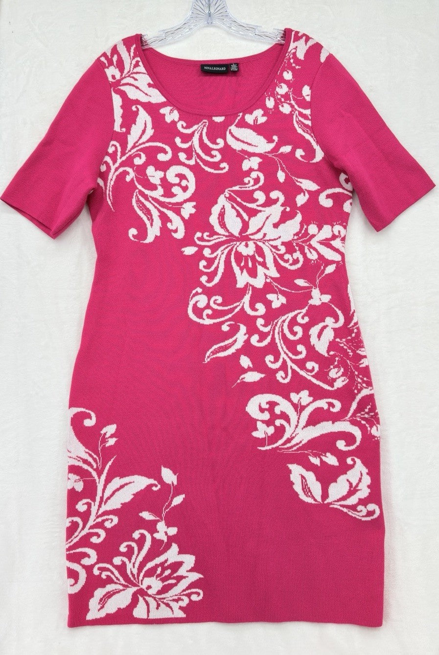 Nina Leonard Sweater Dress Large Pink Floral Elbow Sleeve Knee Length Womens
