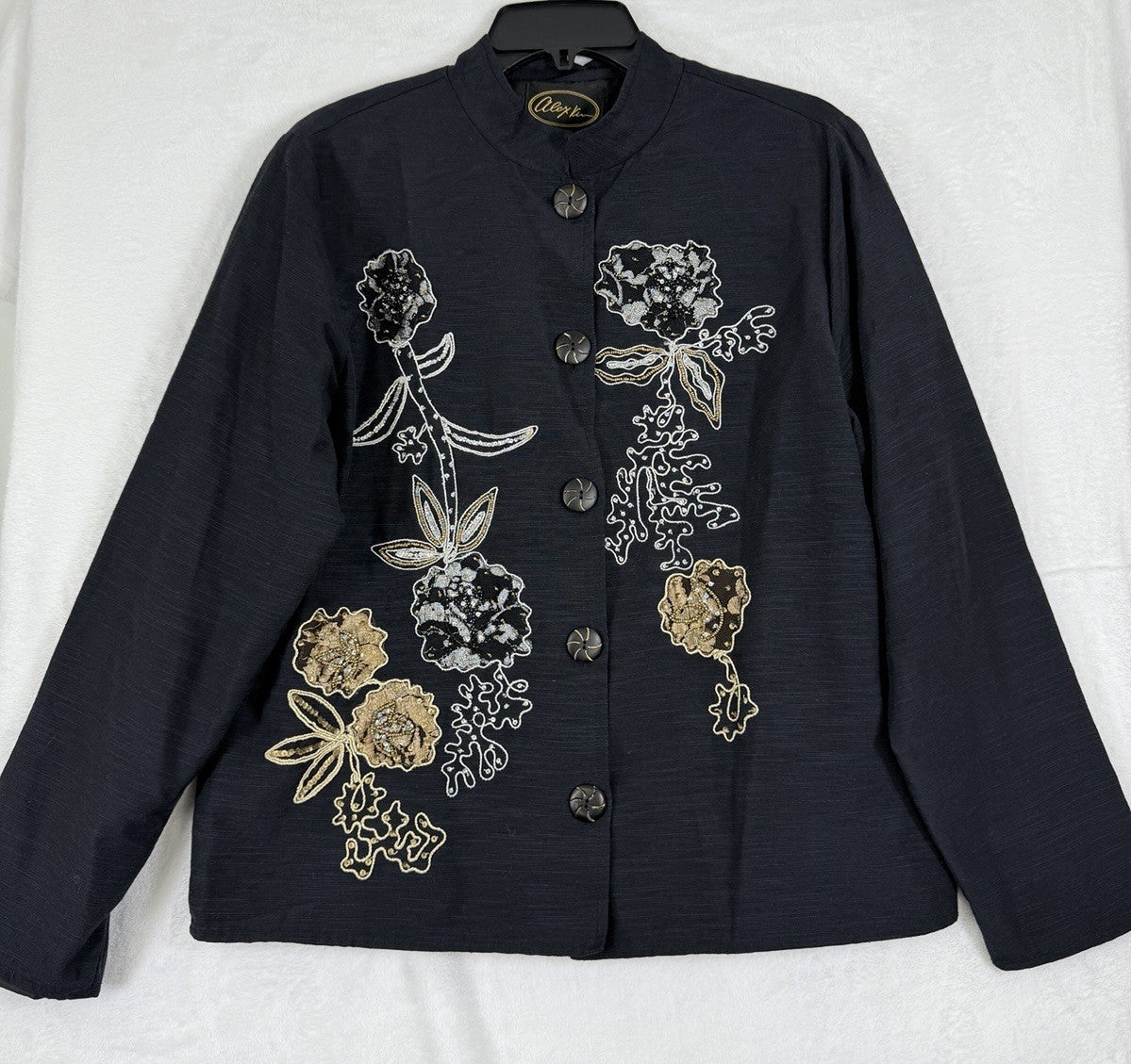 Alex Kim Jacket Medium Black Floral Sequins Beaded Embroidered Embellished Women