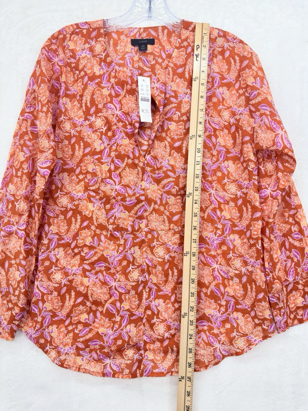 J Crew Tunic Top XS Long Sleeve Ramie Block Print Orange Floral Womens New NWT