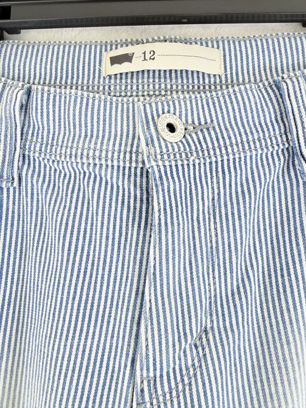 Levis Jean Shorts Women 12 Denim Light Blue White Striped 11” Bermuda Roll Hem