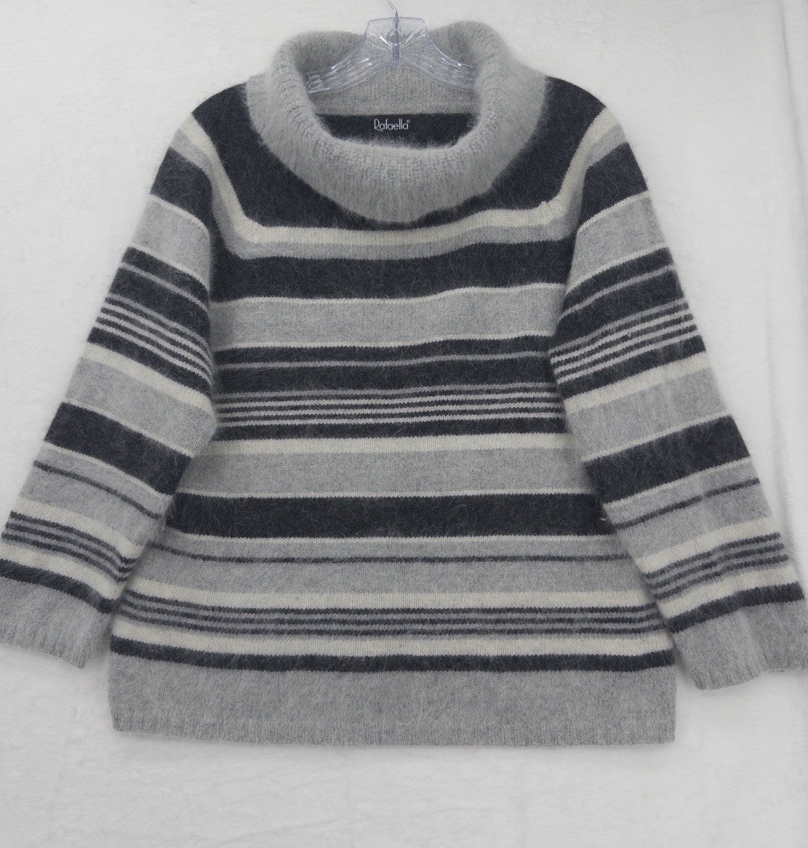 Rafaella XL Gray Striped Angora Lambswool  Cowl Neck Sweater Pullover Womens