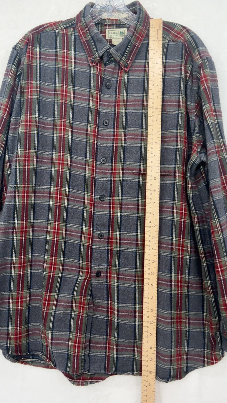 LL Bean Scotch Plaid Flannel Shirt Large Mens Gray Traditional Fit Button Down