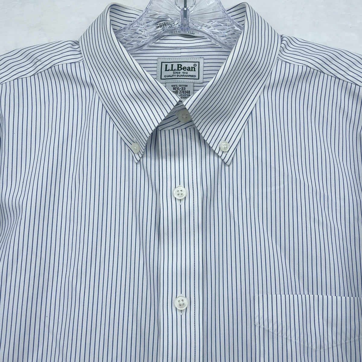 L.L.Bean Slightly Fitted Dress Shirt 16.5 33 Mens Long Sleeve White Blue striped