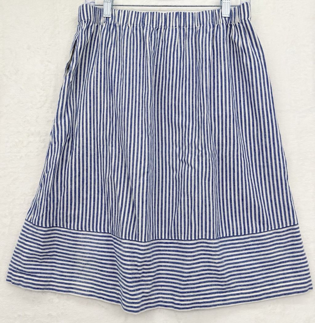 J Crew Medium Womens Midi Skirt Linen Blend Pull On Blue Striped A Line Pockets