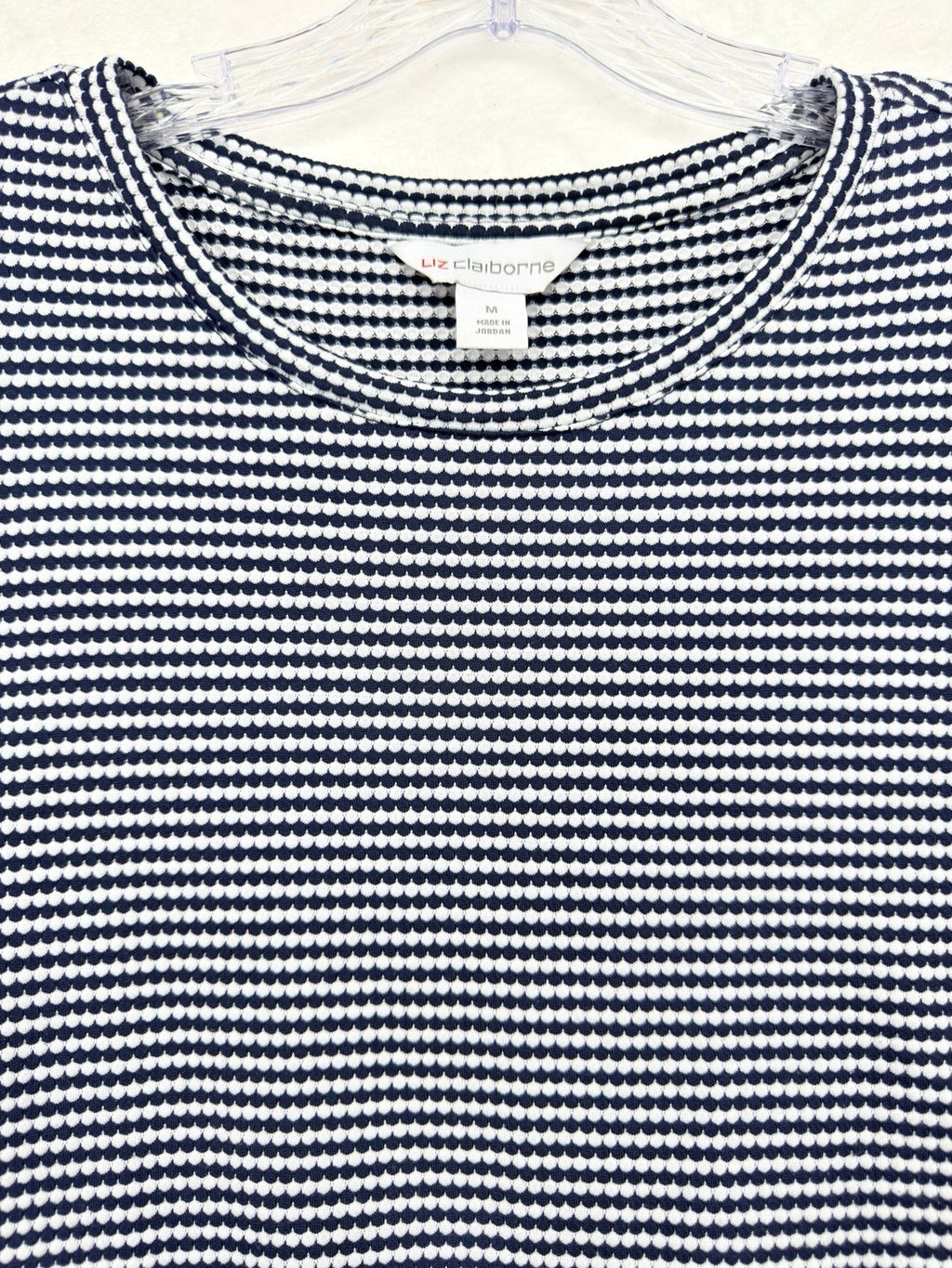 Liz Claiborne Top Medium Short Puff Sleeve Blue White Striped Knit Womens