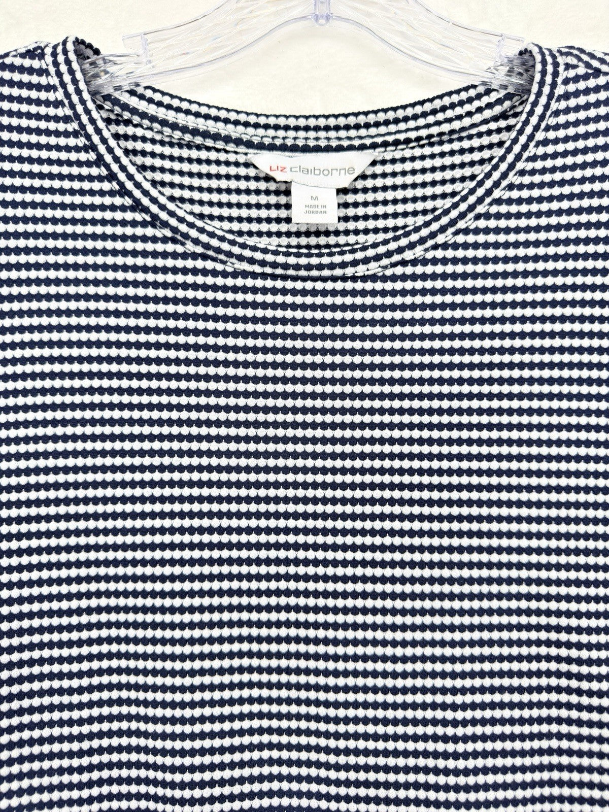 Liz Claiborne Top Medium Short Puff Sleeve Blue White Striped Knit Womens