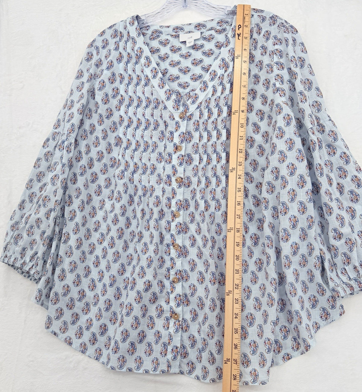 J Jill Top Large Blue Floral Madeira Pintuck Blouse 100% Cotton 3/4 Sleeve Women