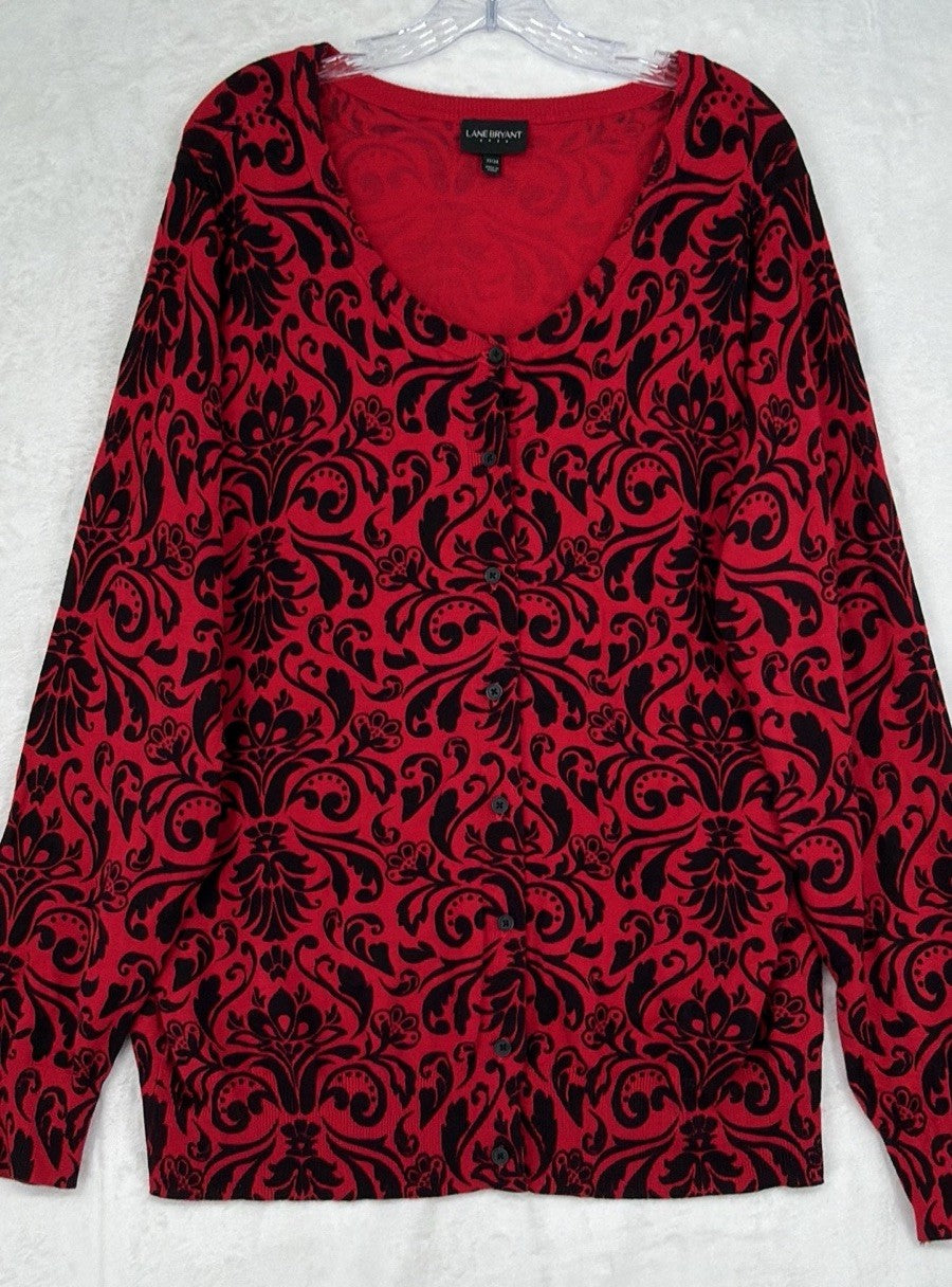 Lane Bryant 22 24 Cardigan Sweater Red Black Floral 2X Womens Tops Plus Size