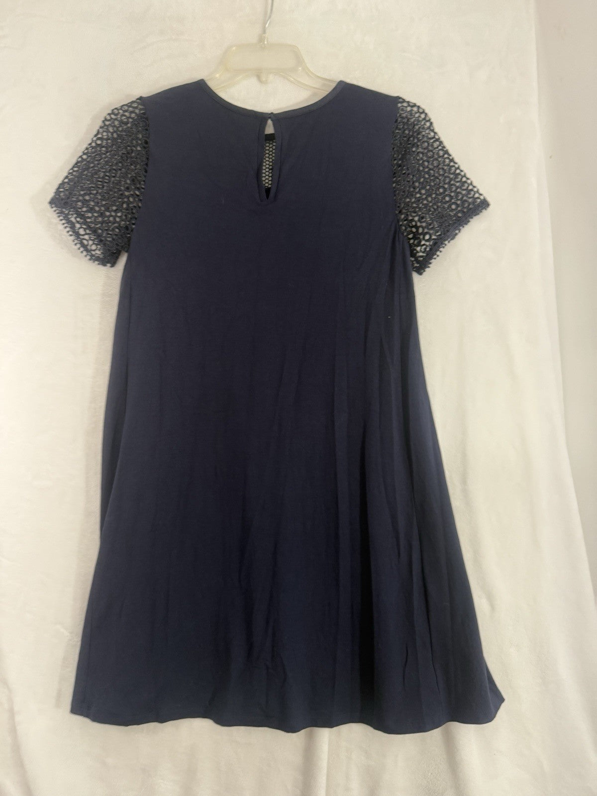 Ann Taylor Loft Dress Small Tall ST Navy Blue A-Line Crochet Knit Short Sleeve