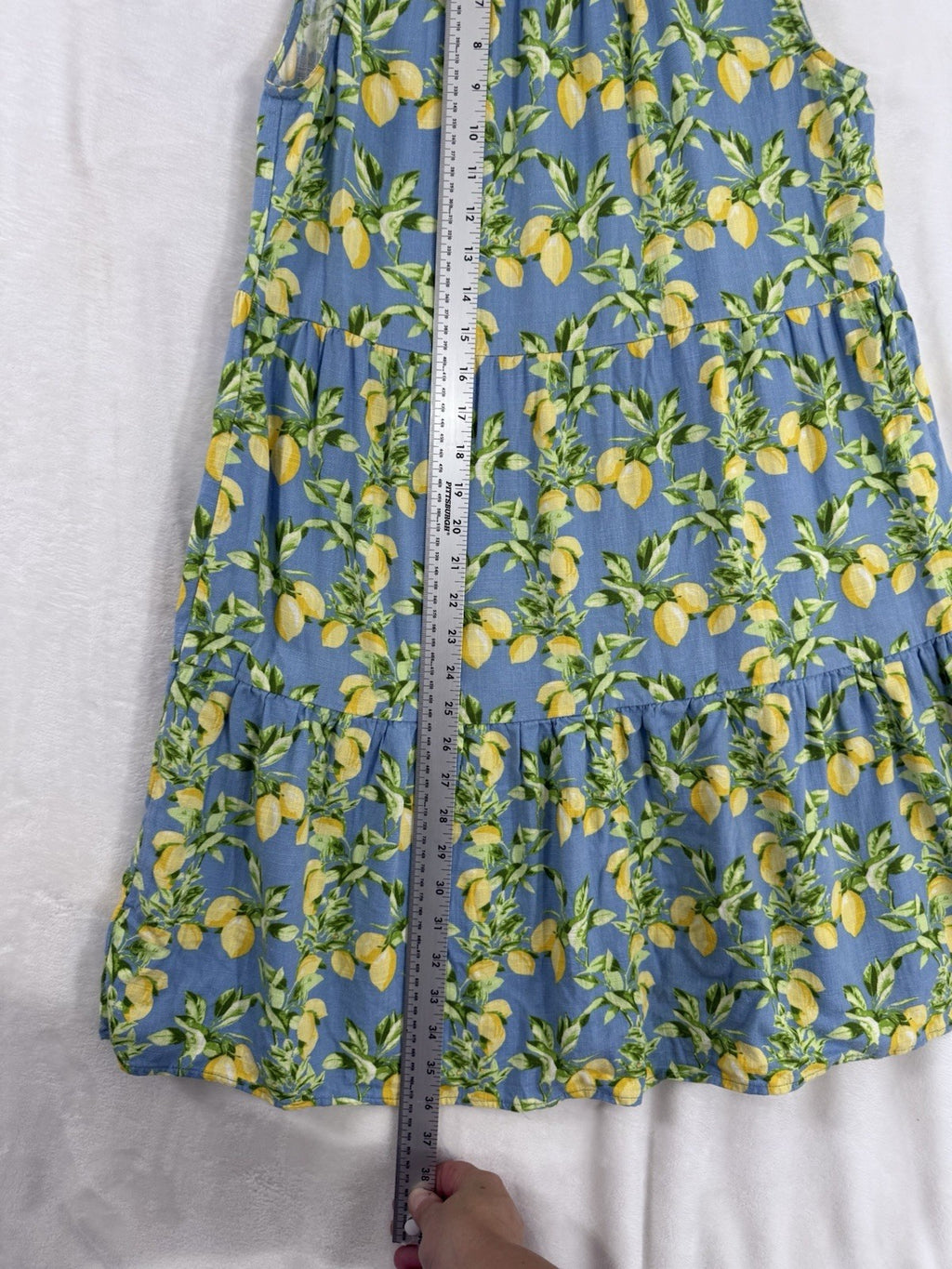 Ann Taylor Loft Dress Medium Linen Blue Lemons Print Sleeveless Shift Womens