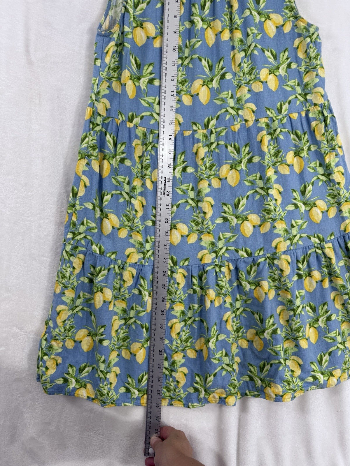 Ann Taylor Loft Dress Medium Linen Blue Lemons Print Sleeveless Shift Womens