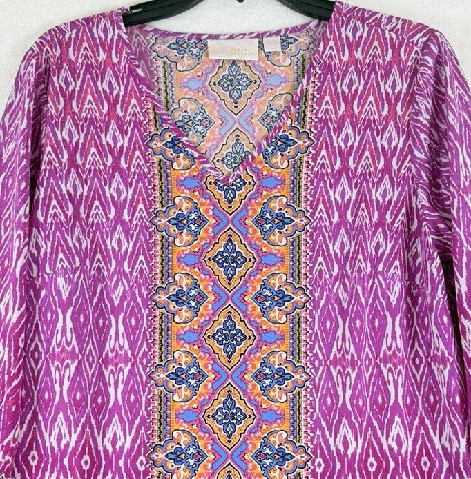 Belle Kim Gravel Top Small Tunic Pink 3:4 Sleeve Womens Blouse Tops V Neck