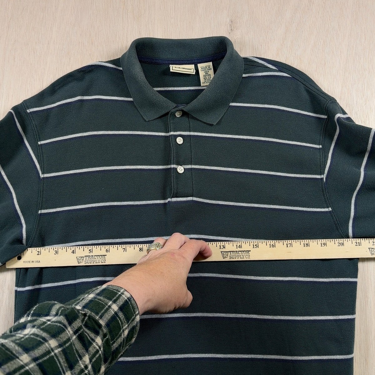 L.L.Bean VINTAGE Long Sleeve Polo Shirt L Mens green Striped Knit 3 Button