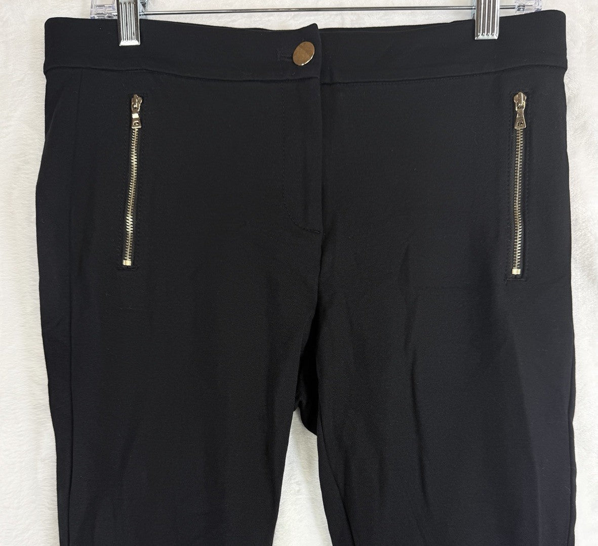 Ann Taylor Loft Ponte Knit Pants 10 Petite Womens Black Gold Zip Pockets 10P