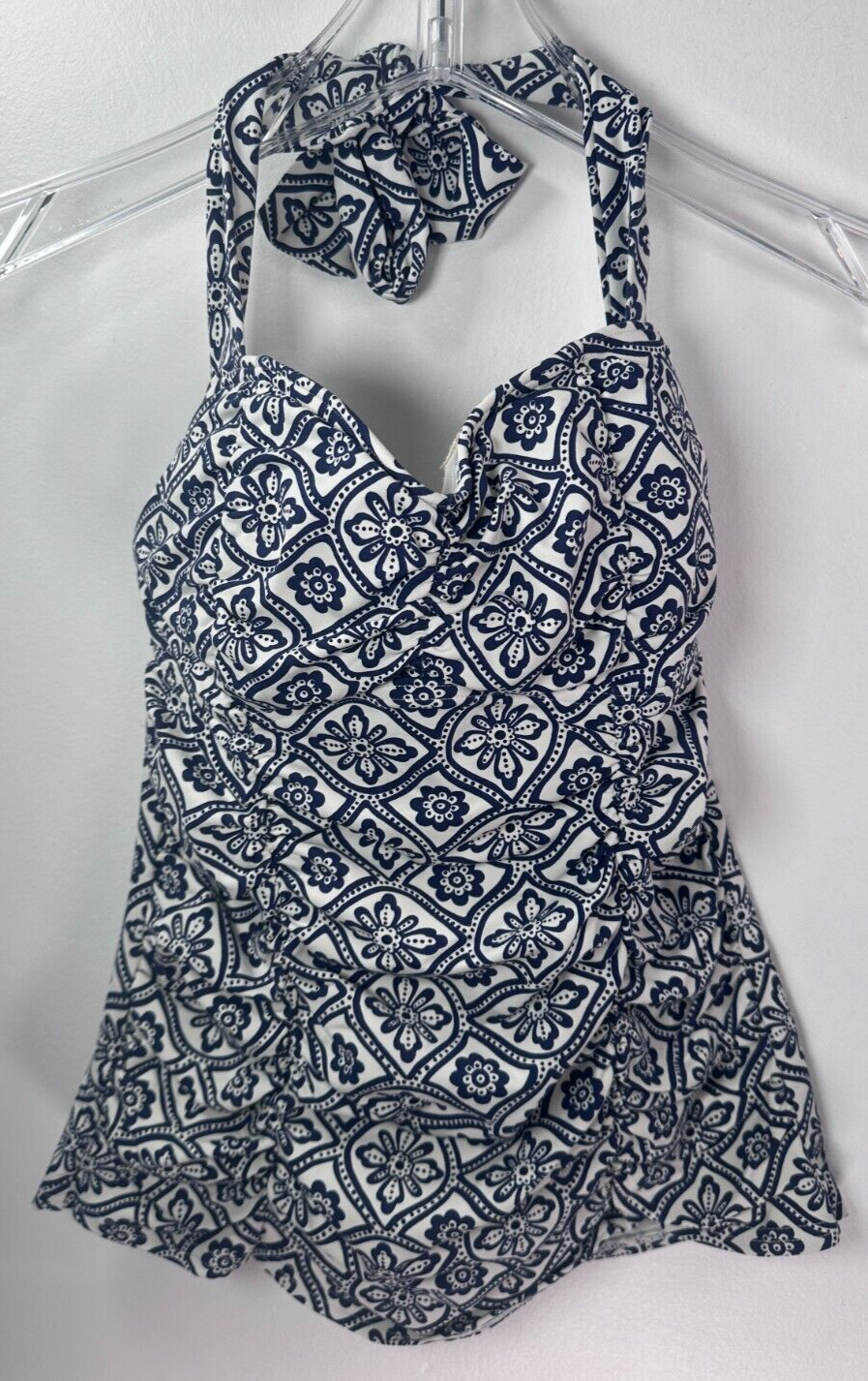 Lands End Swimsuit Top Size 2 Tankini Halter Navy Blue & White Floral Pattern