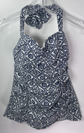 Lands End Swimsuit Top Size 2 Tankini Halter Navy Blue & White Floral Pattern